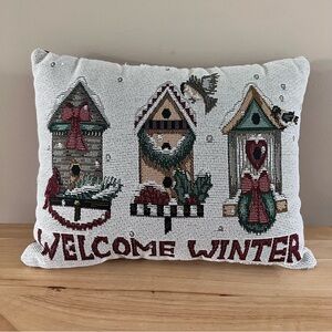 Travis Spencer Winter Welcome birds and birdhouses Decorative Pillow 12” x 9”